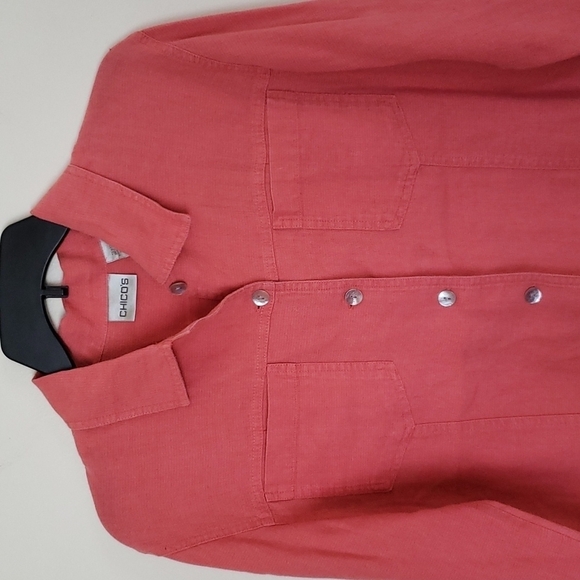 Chicos midweight linen blend, salmon color, shell button down shirt shacket Sz 1 - Picture 2 of 10